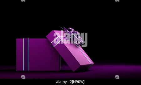 Open viola vuoto Gift Boxe con ribon 3D render su sfondo darck Foto Stock
