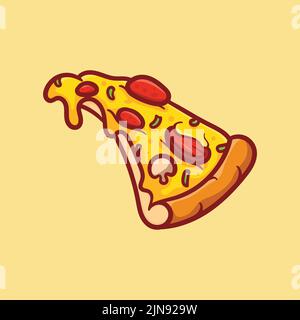 Illustrazione vettoriale di una deliziosa fetta di pizza peperoni con formaggio fuso, disegnata a mano, cartoon, piatta, carina Illustrazione Vettoriale