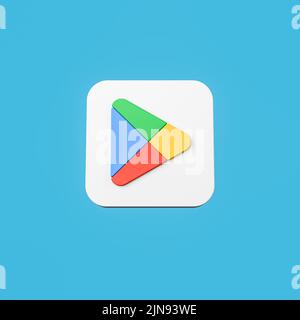 Icona dell'app Google Play Store 2022 su sfondo blu piatto Foto Stock