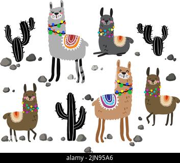 Cute llamas o alpaca con cactus illustrazione vettoriale disegnata a mano. Illustrazione Vettoriale
