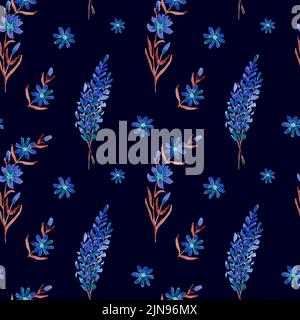Motivo senza cuciture floreali lavanda color acqua. Fiori blu su sfondo scuro. Design per tessuti, carta da parati, carta da imballaggio. Disegno a mano Foto Stock