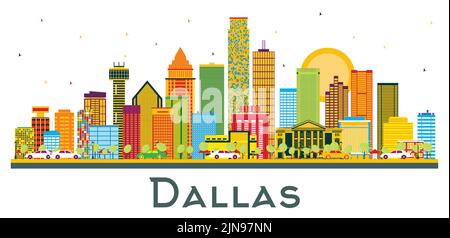 Dallas Texas USA City Skyline con edifici a colori e Blue Sky isolato su bianco. Illustrazione vettoriale. Concetto di viaggio d'affari e di turismo. Illustrazione Vettoriale