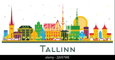 Tallinn Estonia City Skyline con edifici a colori isolati su bianco. Illustrazione vettoriale. Concetto di viaggio d'affari e di turismo. Illustrazione Vettoriale