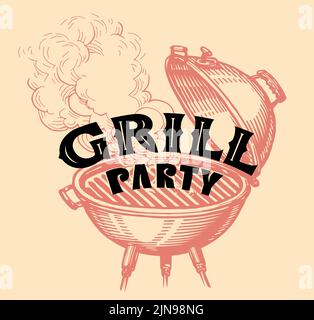 Festa alla griglia. Estate barbecue picnic in cortile con cibo alla griglia. Cucina barbecue concetto. Illustrazione vettoriale dello schizzo Illustrazione Vettoriale