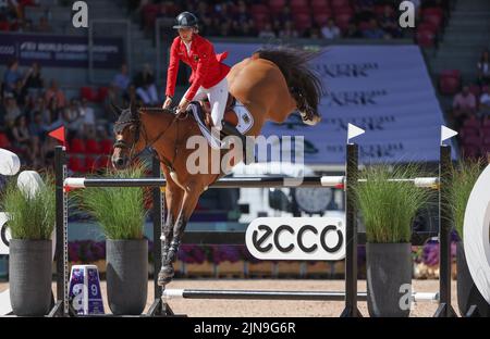 Herning, Danimarca. 10th ago 2022. Sport equestre: Campionato del mondo, salto spettacolo. Mostra il ponticello Jana Wargers (Germania) cavalca Limbridge. Credit: Friso Gentsch/dpa/Alamy Live News Foto Stock