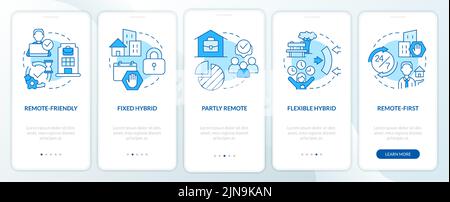 Schermata dell'app mobile di onboarding dei modelli di lavoro ibridi blu Illustrazione Vettoriale