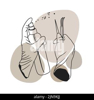 Manicure, flusso di lavoro, strumenti mani con guanti schizzo di stile scarabocchio Illustrazione Vettoriale