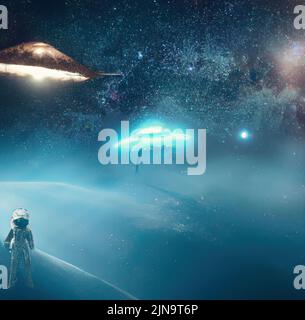 Astronauta in spacesuit nello spazio esterno e volare ufo intorno a lui. Bella galassia nebulosa 3D illustrazione. Cosmonaut nell'universo e nella fantasia degli alieni Foto Stock