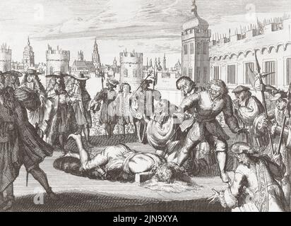 L'esecuzione di James Scott, 1st Duca di Monmouth, 1st Duca di Buccleuch, 1649 - 1685. Monmouth, un figlio illegittimo di re Carlo II fu giustiziato per tradimento su Tower Hill il 15 luglio 1685 dopo il fallimento di quella che è diventata nota come la ribellione Monmouth, nota anche come la ribellione Pitchfork o la ribellione West Country. La sua decapitazione fu notoriamente piantata, dal carnefice Jack Ketch che prese cinque colpi di ascia e un taglio finale con un coltello per tagliare la testa. Dopo un lavoro di 17th secolo. Foto Stock