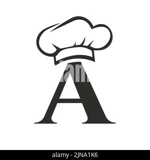 Lettera A concetto di logo del ristorante con modello Chef Hat Vector. Ristorante Chef Hat simbolo logo Illustrazione Vettoriale