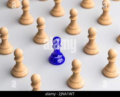 Un pedone di scacchi blu in piedi nel pedone di scacchi di legno centrale, che appare diverso nella folla sarà il centro dell'attenzione. illustrazione 3d Foto Stock