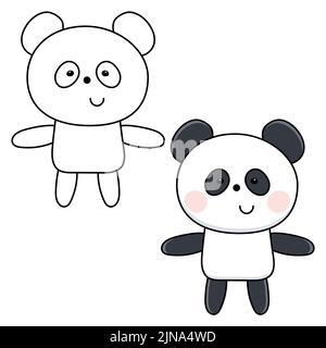 Pagina da colorare con panda carino. Illustrazione vettoriale a colori e bianco nero per bambini da colorare con clipart a colori. I bambini imparano il gioco Illustrazione Vettoriale