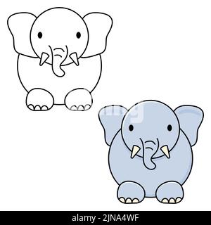 Cartoon carino elefante. Illustrazione vettoriale a colori e bianco e nero per i bambini che colorano la pagina del libro con la clipart a colori. I bambini imparano il gioco Illustrazione Vettoriale