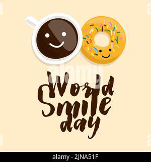 Illustrazione di una tazza di caffè con ciambella su sfondo chiaro con testo World Smile Day Illustrazione Vettoriale