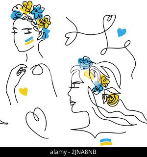 Testa in fiori modello vettoriale. Un disegno lineare continuo. Fiori blu e gialli nella bandiera Head.Ukrainian. Faccia della donna Illustrazione Vettoriale