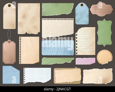 Elementi scrapbook vintage. Nota pagina con grana carta e bordo strappato, etichetta vintage e vecchio set di etichette adesive vettoriali Illustrazione Vettoriale
