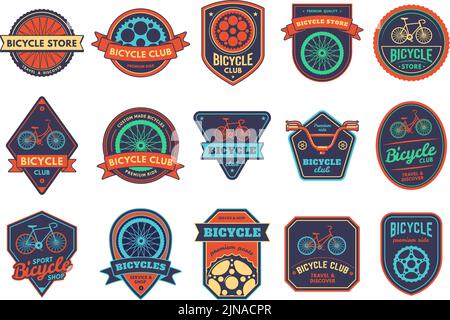 Badge per bicicletta. Adesivo per club per biciclette, servizio di riparazione e emblema per il negozio. Negozio di biciclette personalizzato vettore set Illustrazione Vettoriale