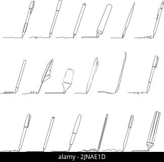 Accessori per la scrittura continua su una linea. Tracciare tratti di linea a matita, pennello e penna. Il writer fornisce il set vettoriale Illustrazione Vettoriale