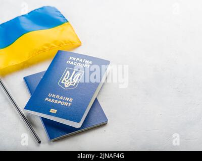 Due passaporti biometrici ucraini, una piccola bandiera gialla e blu dell'Ucraina su sfondo bianco. Democrazia, indipendenza, patriottismo, viaggi nel mondo, e Foto Stock