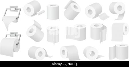 Rotolo di carta igienica. Morbidi rotoli bianchi, tubo vuoto e set di 3D asciugamani da cucina Illustrazione Vettoriale