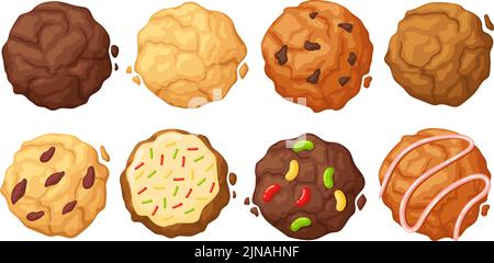 Biscotti di zucchero. Chewy spruzzi, cioccolato chip, morbido smerigliato e fuge farina d'avena biscotti vista dall'alto vettore Illustrazione Set Illustrazione Vettoriale