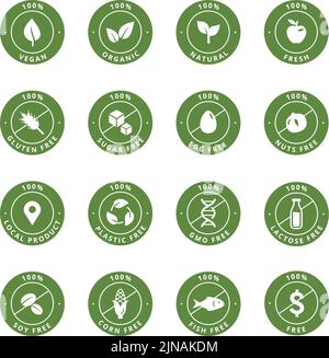 Icone del prodotto. Etichette biologiche naturali per prodotti vegani, zucchero, uova e lattosio. Set di vettori per tag allergici privi di glutine, noci e pesci Illustrazione Vettoriale