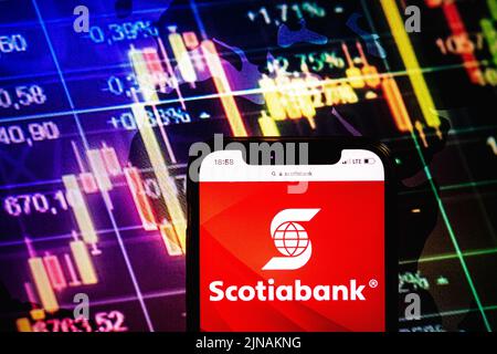 KONSKIE, POLONIA - 09 agosto 2022: Smartphone che mostra il logo della società Scotiabank sullo sfondo del diagramma di borsa Foto Stock