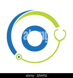 Simbolo sanitario medico e logo medico su modello lettera O. Logo dei medici con il segno dello stetoscopio Illustrazione Vettoriale