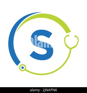 Simbolo sanitario medico e logo medico su modello lettera S. Logo dei medici con il segno dello stetoscopio Illustrazione Vettoriale