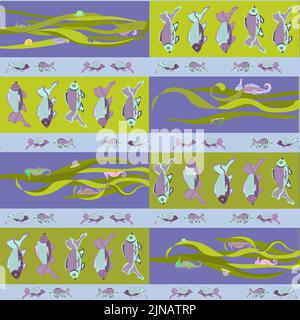 un modello senza sfondo con l'immagine di pesci colorati e cavallucci marini in alghe Illustrazione Vettoriale