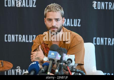 New York, Stati Uniti. 10th ago 2022. Il cantante colombiano Maluma tiene una conferenza stampa annunciando la sua ultima avventura, New York, NY, 10 agosto 2022. (Foto di Anthony Behar/Sipa USA) Credit: Sipa USA/Alamy Live News Foto Stock