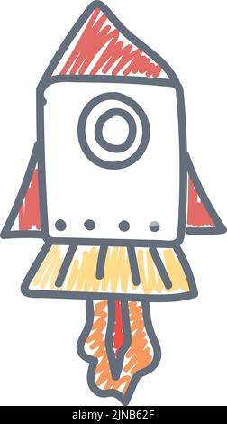 Razzo disegnato a mano. Lancio di veicoli spaziali in stile disegno per bambini Illustrazione Vettoriale