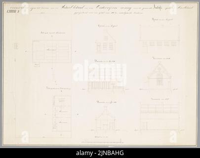 Teekening wegens het bouwen van een schoollokaal en eene onderwijzerswoning voor de gemeente Andijk, zijnde het schoolokaal geprojecteerd voor een getal van 100 ter schoolgaande kinderen 1 , Foto Stock