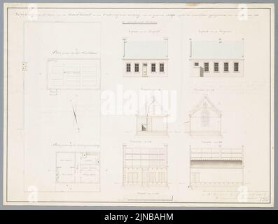 Teekening wegens het bouwen van een schoollokaal en ene onderwijzerswoning voor de gemeente Andijk, zijnde het schoolokaal geprojecteerd voor een getal van 100 ter schoungaande kinderen 1 t, Foto Stock