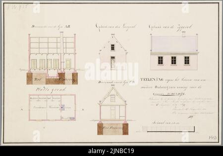 Tekening van de onderwijzerswoning. Teekening wegens het bouwen van een nieuwe onderwijzerswoning voor de gemeente Oudendijk. Foto Stock