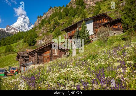 Idilliaco paesaggio svizzero con Matterhorn e Zermatt villaggio, Vallese, Svizzera Foto Stock