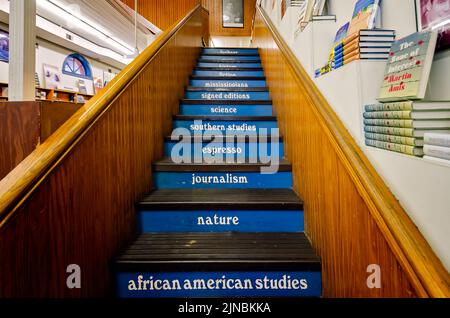 La scala a Square Books è etichettata con soggetti che spaziano dagli Studi del Sud alle Edizioni firmate e al Mississipppiana a Oxford, Mississippi. Foto Stock