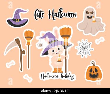 Collezione di adesivi di Halloween. Carino personaggio conigliato in cappello di strega con scopa e candela, lanterna di zucca jack, cobbweb, fantasma, cappello di strega, scythe e. Illustrazione Vettoriale