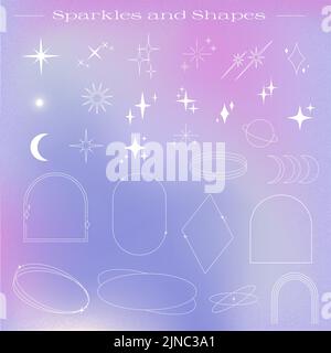 Set di elementi grafici moderni e alla moda. Forme sottili, brillantezza e brillantezza, elementi spaziali, su sfondo a gradiente fluido Illustrazione Vettoriale