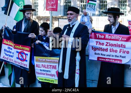 Londra, Regno Unito. 10th agosto 2022. Un clero musulmano sta con i membri di Neturei Karta, un gruppo di ebrei ultraortodossi che fanno campagne contro il sionismo, in un Rally per la Palestina di fronte a Downing Street. Almeno 47 palestinesi, tra cui 16 bambini, sono stati uccisi e centinaia di feriti durante un bombardamento di tre giorni di Gaza da parte delle forze israeliane denominate operazione Truthful Dawn. Credit: Mark Kerrison/Alamy Live News Foto Stock