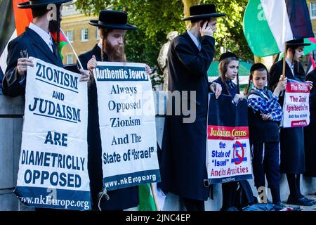 Londra, Regno Unito. 10th agosto 2022. I membri di Neturei Karta, un gruppo di ebrei ultraortodossi che fanno campagne contro il sionismo, hanno dei segnali che criticano lo stato di Israele in un Rally per la Palestina di fronte a Downing Street. Almeno 47 palestinesi, tra cui 16 bambini, sono stati uccisi e centinaia di feriti durante un bombardamento di tre giorni di Gaza da parte delle forze israeliane denominate operazione Truthful Dawn. Credit: Mark Kerrison/Alamy Live News Foto Stock