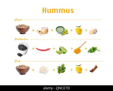 Set di gustosi hummus con diversi ingredienti su sfondo bianco Foto Stock