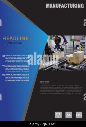 Modello di produzione industriale in formato A4. Moderna logistica del magazzino documento rapporto volantino copertina e brochure. Vettore e illustrati Illustrazione Vettoriale