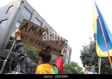 Sydney, Australia. 11th agosto 2022. Gli ucraini e i loro sostenitori hanno protestato presso l'ufficio di Sydney di Amnesty International al 79 di Myrtle St, Chippendale, accusandoli di diffondere propaganda russa e di cercare di screditare le forze armate ucraine. Senior Crisis Advisor di Amnesty International Donatella Rovera ha pubblicato un rapporto la scorsa settimana, affermando che la presenza di truppe ucraine nelle aree residenziali ha aumentato i rischi per i civili durante l'invasione della Russia. Credit: Richard Milnes/Alamy Live News Foto Stock