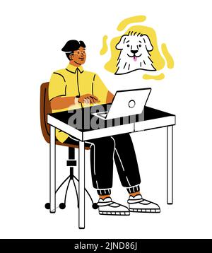 Concetto di persona sognante. Un lavoratore dell'ufficio attento e positivo che lavora sul computer portatile e pensa al suo amato cane o cucciolo. Personaggio da sogno con animali domestici Illustrazione Vettoriale