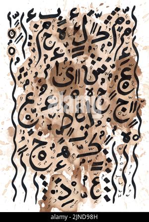 Sfondo astratto di calligrafia araba. Grafica astratta realizzata con penna nera su sfondo grunge caffè. Calligrafia araba astratta fatta a mano Foto Stock
