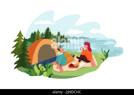Camping vacanza Illustrazione concetto. Illustrazione piatta isolata su sfondo bianco Illustrazione Vettoriale