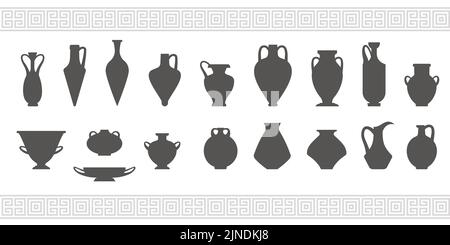 Silhouette di vasi greci. Anfore antiche e pentole glifo illustrazione. Terracotta di ceramica di argilla. Vettore Illustrazione Vettoriale