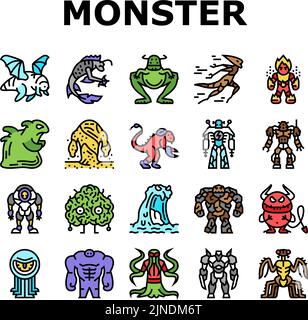 Monster spaventoso Fantasy personaggi icone Set vettore Illustrazione Vettoriale