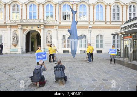 Vienna, Austria. 11th agosto 2022. Greenpeace consegna una petizione per la protezione del mare al Ministero degli Affari Esteri austriaco, firmata da 463.300 persone in Austria. Uno squalo fittizio alto cinque metri è stato appeso di fronte al Dipartimento di Stato per ricordare una seria conservazione marina. Credit: Franz PERC/Alamy Live News Foto Stock